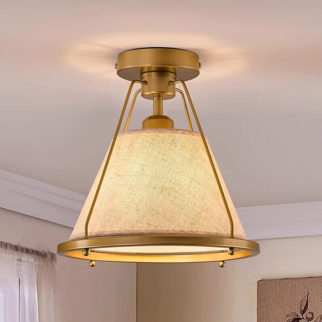Main image of Gold Semi Flush Mount Ceiling Light Fixture with Fabric Shade Modern Bedroom Light Fixture Farmhose Close to Ceiling Light for Living Room Kitchen Hallway Entryway