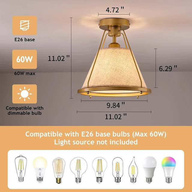Alt view image 2 of 7 - Gold Semi Flush Mount Ceiling Light Fixture with Fabric Shade Modern Bedroom Light Fixture Farmhose Close to Ceiling Light for Living Room Kitchen Hallway Entryway