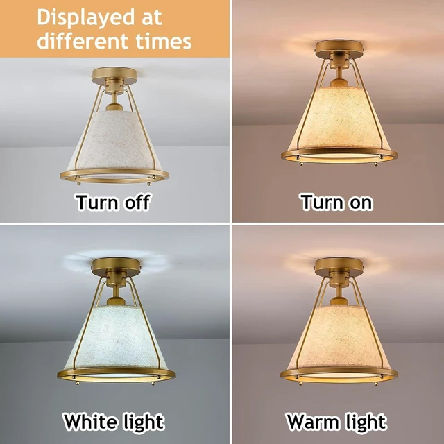 Alt view image 3 of 7 - Gold Semi Flush Mount Ceiling Light Fixture with Fabric Shade Modern Bedroom Light Fixture Farmhose Close to Ceiling Light for Living Room Kitchen Hallway Entryway