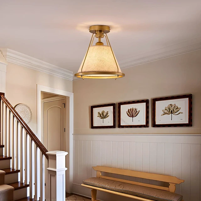 Alt view image 5 of 7 - Gold Semi Flush Mount Ceiling Light Fixture with Fabric Shade Modern Bedroom Light Fixture Farmhose Close to Ceiling Light for Living Room Kitchen Hallway Entryway