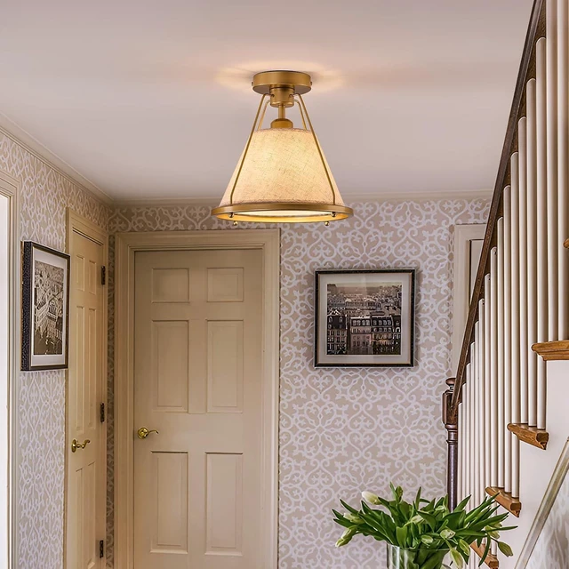 Alt view image 7 of 7 - Gold Semi Flush Mount Ceiling Light Fixture with Fabric Shade Modern Bedroom Light Fixture Farmhose Close to Ceiling Light for Living Room Kitchen Hallway Entryway