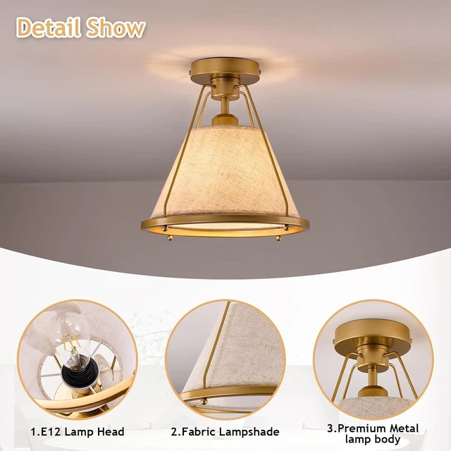 Alt view image 4 of 7 - Gold Semi Flush Mount Ceiling Light Fixture with Fabric Shade Modern Bedroom Light Fixture Farmhose Close to Ceiling Light for Living Room Kitchen Hallway Entryway