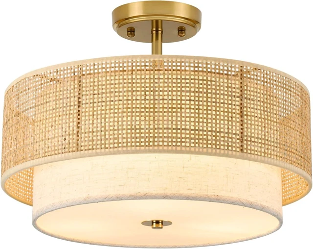 Main image of Semi Flush Mount Ceiling Light, 16" Gold Light Fixtures Ceiling Mount, 3-Light Boho Rattan Linen Drum Light Fixture, Modern Farmhouse Chandelier for Bedroom Entryway Living Room Hallway Foyer