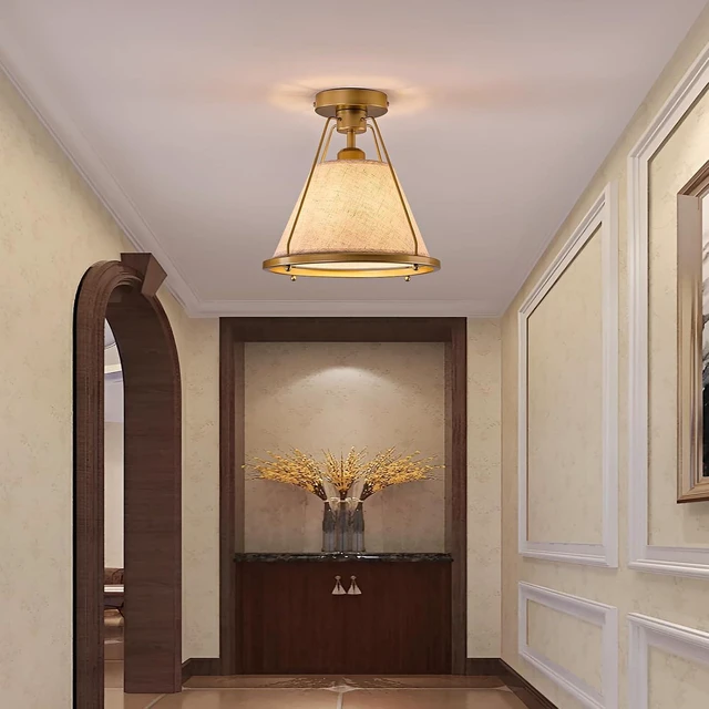 Alt view image 6 of 7 - Gold Semi Flush Mount Ceiling Light Fixture with Fabric Shade Modern Bedroom Light Fixture Farmhose Close to Ceiling Light for Living Room Kitchen Hallway Entryway