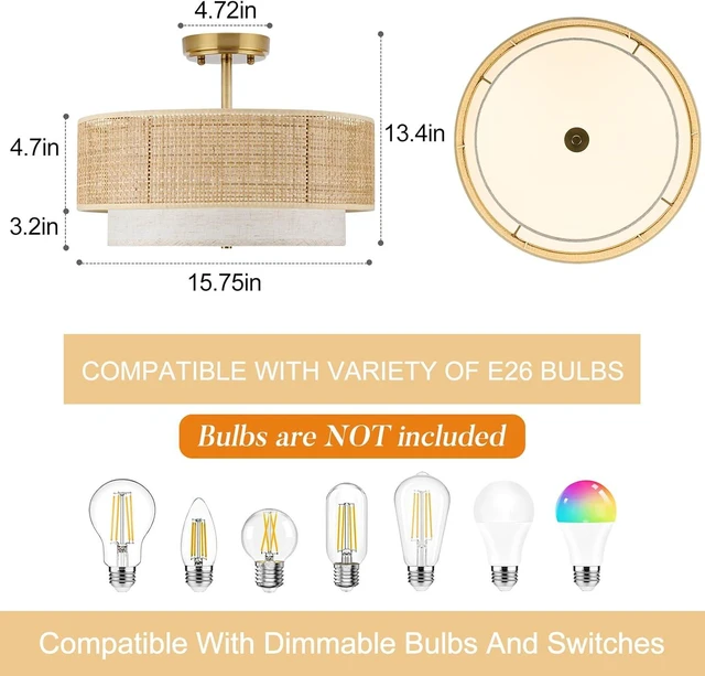 Alt view image 2 of 7 - Semi Flush Mount Ceiling Light, 16" Gold Light Fixtures Ceiling Mount, 3-Light Boho Rattan Linen Drum Light Fixture, Modern Farmhouse Chandelier for Bedroom Entryway Living Room Hallway Foyer