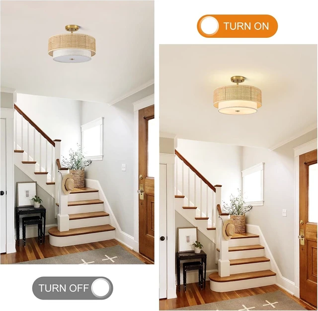 Alt view image 4 of 7 - Semi Flush Mount Ceiling Light, 16" Gold Light Fixtures Ceiling Mount, 3-Light Boho Rattan Linen Drum Light Fixture, Modern Farmhouse Chandelier for Bedroom Entryway Living Room Hallway Foyer
