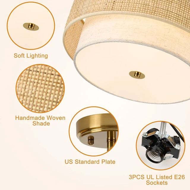 Alt view image 3 of 7 - Semi Flush Mount Ceiling Light, 16" Gold Light Fixtures Ceiling Mount, 3-Light Boho Rattan Linen Drum Light Fixture, Modern Farmhouse Chandelier for Bedroom Entryway Living Room Hallway Foyer