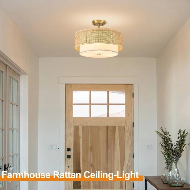 Alt view image 6 of 7 - Semi Flush Mount Ceiling Light, 16" Gold Light Fixtures Ceiling Mount, 3-Light Boho Rattan Linen Drum Light Fixture, Modern Farmhouse Chandelier for Bedroom Entryway Living Room Hallway Foyer