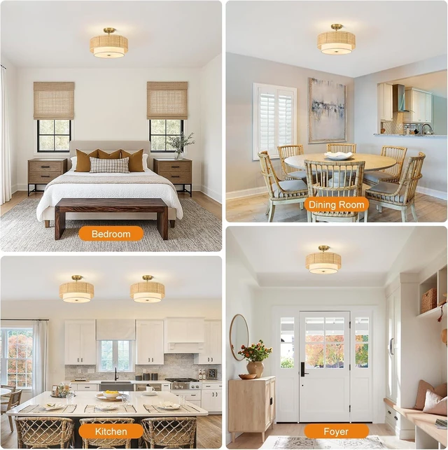 Alt view image 7 of 7 - Semi Flush Mount Ceiling Light, 16" Gold Light Fixtures Ceiling Mount, 3-Light Boho Rattan Linen Drum Light Fixture, Modern Farmhouse Chandelier for Bedroom Entryway Living Room Hallway Foyer
