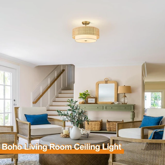 Alt view image 5 of 7 - Semi Flush Mount Ceiling Light, 16" Gold Light Fixtures Ceiling Mount, 3-Light Boho Rattan Linen Drum Light Fixture, Modern Farmhouse Chandelier for Bedroom Entryway Living Room Hallway Foyer