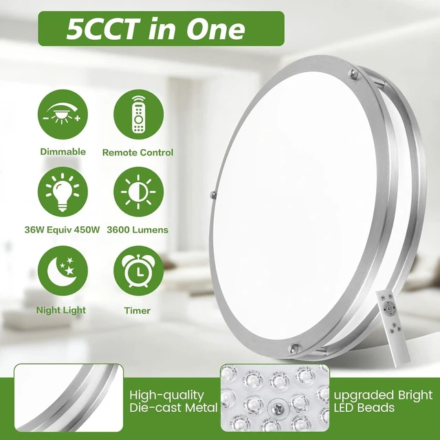 Alt view image 2 of 7 - 13 Inch LED Flush Mount Ceiling Light with Remote Control, 2-Pack 36W 3600LM Dimmable Ceiling Light Fixture, 5CCT 2700K-6500K Adjustable Brushed Nickel Lighting for Kitchen Bedroom Bathroom