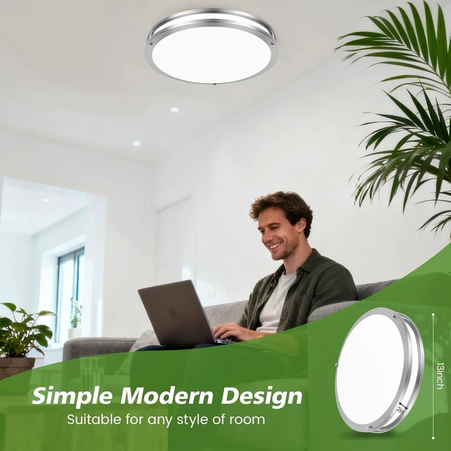 Alt view image 6 of 7 - 13 Inch LED Flush Mount Ceiling Light with Remote Control, 2-Pack 36W 3600LM Dimmable Ceiling Light Fixture, 5CCT 2700K-6500K Adjustable Brushed Nickel Lighting for Kitchen Bedroom Bathroom
