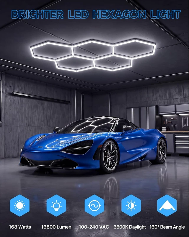 Alt view image 2 of 7 - Hexagon Garage Lights 5-Grids, 168W DIY LED Hex Ceiling Light 6500K