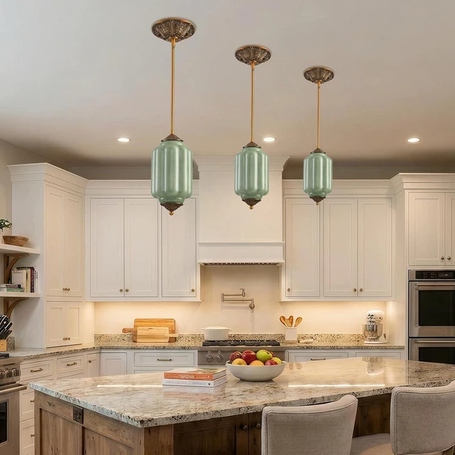 Alt view image 3 of 7 - LOUSACE 5.5 in Vintage Milk Glass Ceiling Light Fixture, Antique Green Semi Flush Mount Milk Glass Pendant Light, Farmhouse Ceiling Light for Kitchen Hallway Dining Room, LED Bulb Included