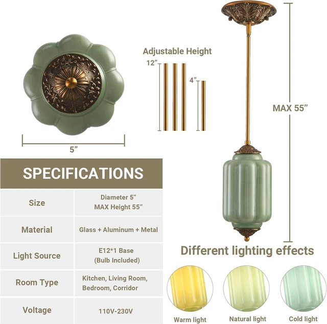 Alt view image 4 of 7 - LOUSACE 5.5 in Vintage Milk Glass Ceiling Light Fixture, Antique Green Semi Flush Mount Milk Glass Pendant Light, Farmhouse Ceiling Light for Kitchen Hallway Dining Room, LED Bulb Included