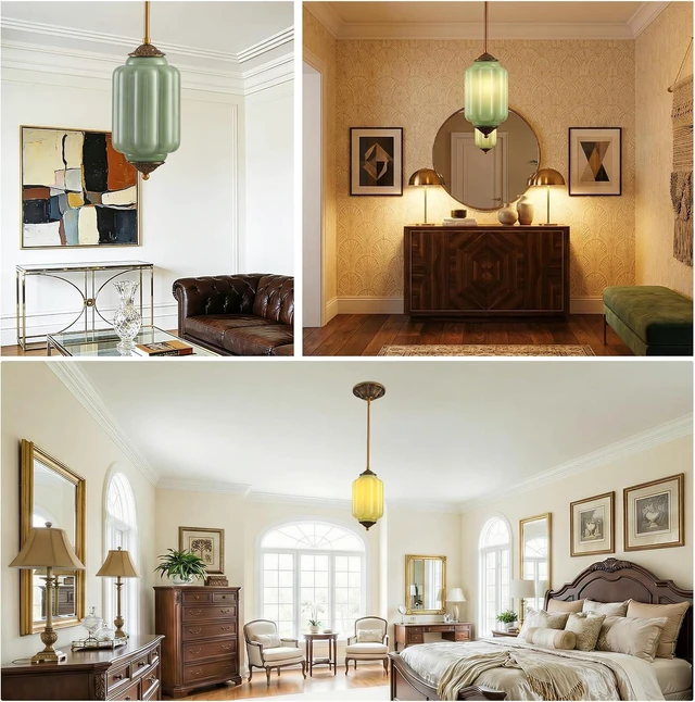 Alt view image 7 of 7 - LOUSACE 5.5 in Vintage Milk Glass Ceiling Light Fixture, Antique Green Semi Flush Mount Milk Glass Pendant Light, Farmhouse Ceiling Light for Kitchen Hallway Dining Room, LED Bulb Included