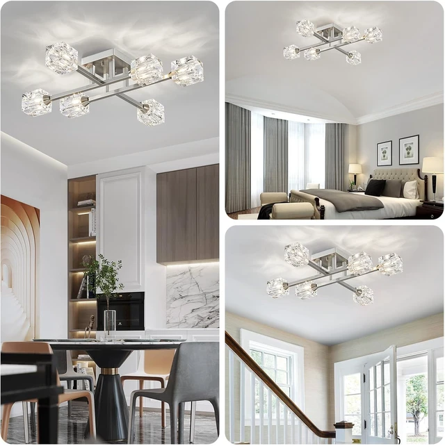 Alt view image 5 of 7 - XINGQI 24" Sputnik Light Fixture 6-Lights Semi Flush Mount Ceiling Light, Modern Glass Chandelier Brushed Nickel Lighting for Dining Room Living Room Kitchen Bedroom Entryway