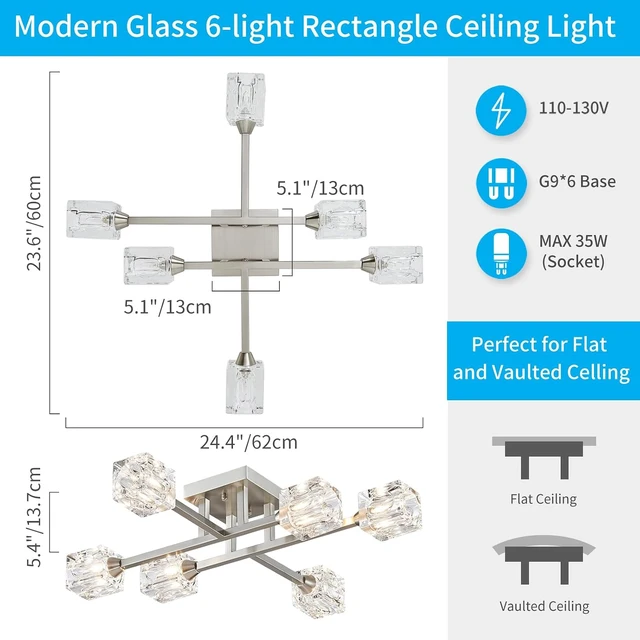 Alt view image 2 of 7 - XINGQI 24" Sputnik Light Fixture 6-Lights Semi Flush Mount Ceiling Light, Modern Glass Chandelier Brushed Nickel Lighting for Dining Room Living Room Kitchen Bedroom Entryway