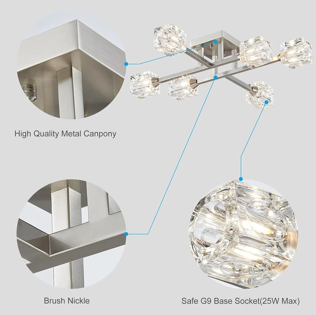 Alt view image 3 of 7 - XINGQI 24" Sputnik Light Fixture 6-Lights Semi Flush Mount Ceiling Light, Modern Glass Chandelier Brushed Nickel Lighting for Dining Room Living Room Kitchen Bedroom Entryway
