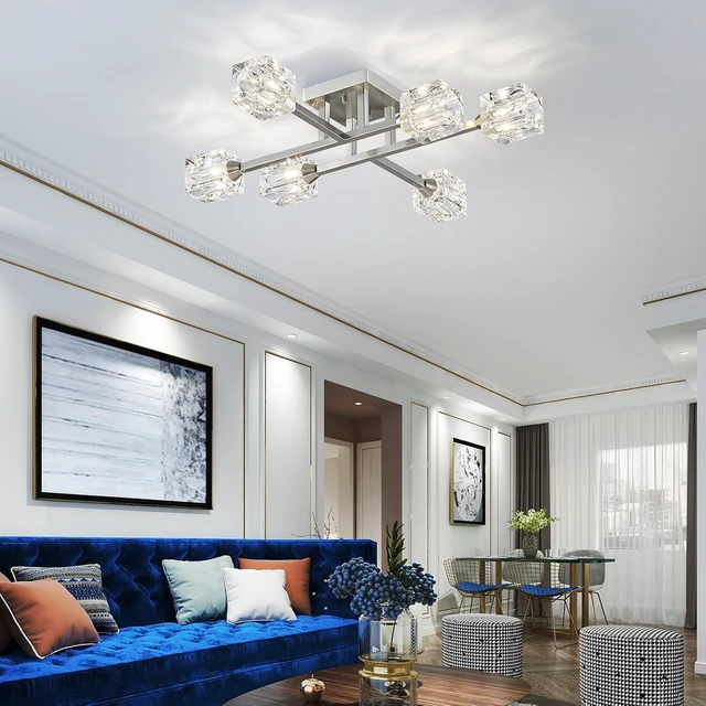Alt view image 6 of 7 - XINGQI 24" Sputnik Light Fixture 6-Lights Semi Flush Mount Ceiling Light, Modern Glass Chandelier Brushed Nickel Lighting for Dining Room Living Room Kitchen Bedroom Entryway