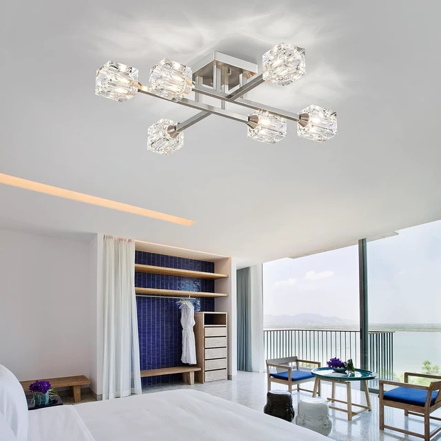 Alt view image 7 of 7 - XINGQI 24" Sputnik Light Fixture 6-Lights Semi Flush Mount Ceiling Light, Modern Glass Chandelier Brushed Nickel Lighting for Dining Room Living Room Kitchen Bedroom Entryway