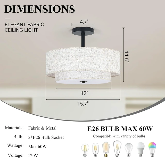 Alt view image 5 of 7 - 16 Inch 3-Light Black Semi Flush Mount Ceiling Light for Bedroom
