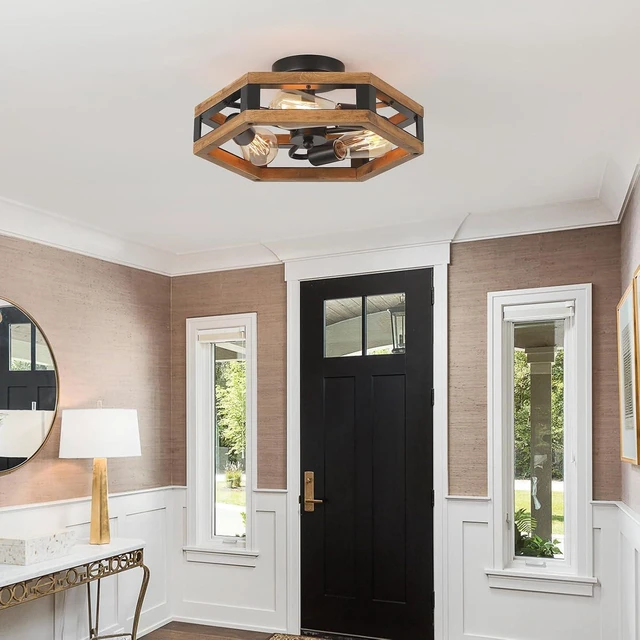 Alt view image 3 of 7 - 2 Pack 3-Light Rustic Farmhouse Wood Flush Mount Ceiling Light Fixture 14.5 inch Oak Wood and Metal Hexagon Cage Semi Flush Mount Ceiling Light for Hallway Hall Entry Bedroom Kitchen Farmhouse, Black