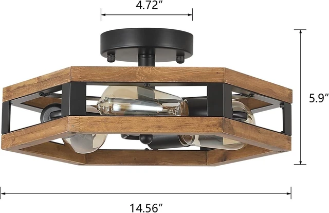 Alt view image 4 of 7 - 2 Pack 3-Light Rustic Farmhouse Wood Flush Mount Ceiling Light Fixture 14.5 inch Oak Wood and Metal Hexagon Cage Semi Flush Mount Ceiling Light for Hallway Hall Entry Bedroom Kitchen Farmhouse, Black