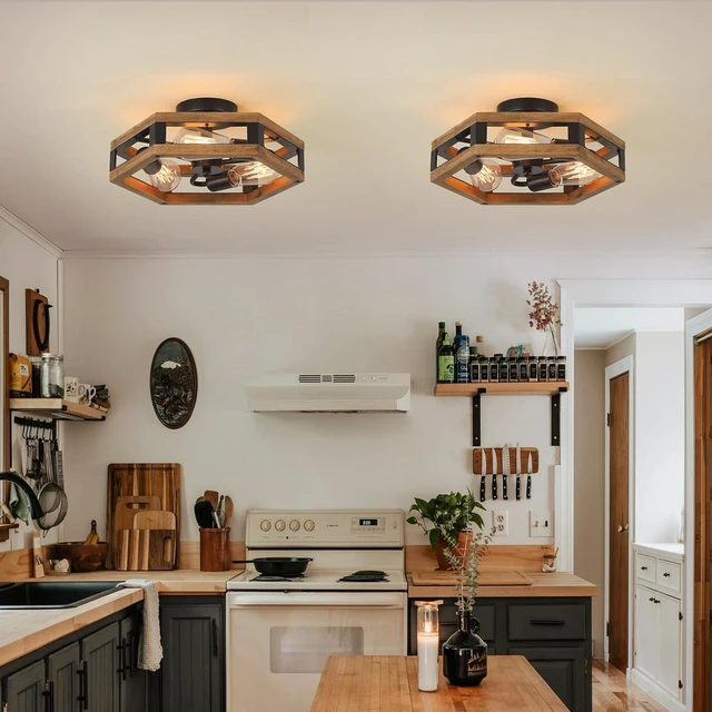 Alt view image 2 of 7 - 2 Pack 3-Light Rustic Farmhouse Wood Flush Mount Ceiling Light Fixture 14.5 inch Oak Wood and Metal Hexagon Cage Semi Flush Mount Ceiling Light for Hallway Hall Entry Bedroom Kitchen Farmhouse, Black