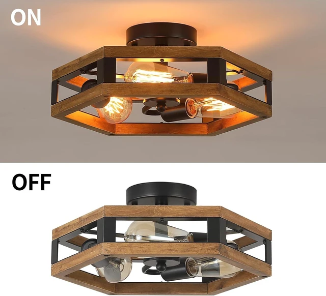 Alt view image 7 of 7 - 2 Pack 3-Light Rustic Farmhouse Wood Flush Mount Ceiling Light Fixture 14.5 inch Oak Wood and Metal Hexagon Cage Semi Flush Mount Ceiling Light for Hallway Hall Entry Bedroom Kitchen Farmhouse, Black