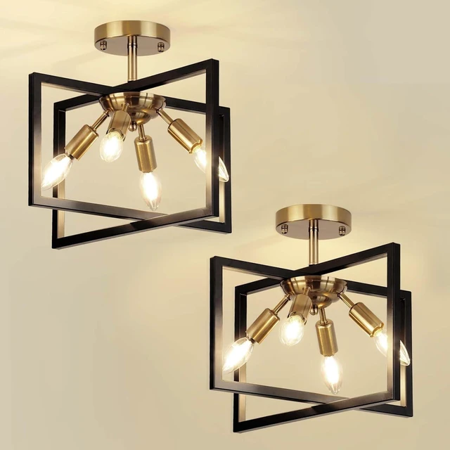 Main image of 2P Modern Farmhouse Semi Flush Mount Ceiling Light Fixture, Black and Gold Candelabra Industrial 4-Light Lighting for Kitchen, Dining Room, Bedroom, Hallway, Living Room, Entryway, 2 Pack