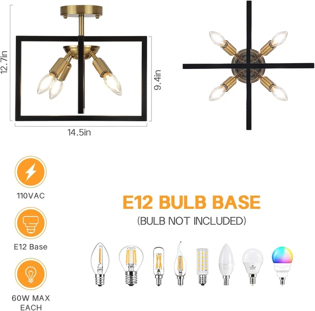 Alt view image 2 of 6 - 2P Modern Farmhouse Semi Flush Mount Ceiling Light Fixture, Black and Gold Candelabra Industrial 4-Light Lighting for Kitchen, Dining Room, Bedroom, Hallway, Living Room, Entryway, 2 Pack
