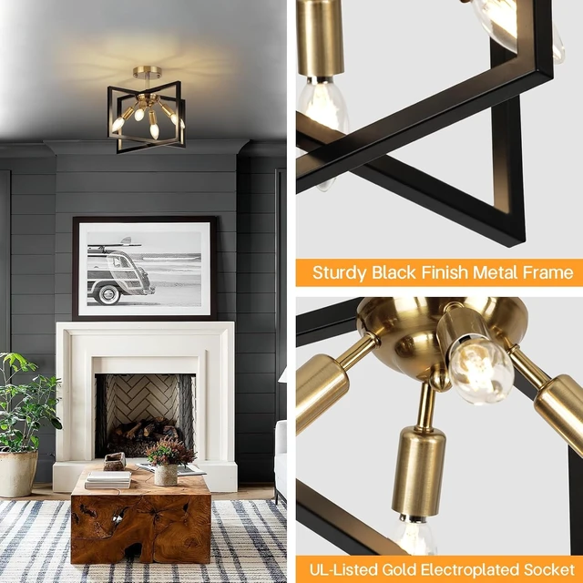 Alt view image 3 of 6 - 2P Modern Farmhouse Semi Flush Mount Ceiling Light Fixture, Black and Gold Candelabra Industrial 4-Light Lighting for Kitchen, Dining Room, Bedroom, Hallway, Living Room, Entryway, 2 Pack