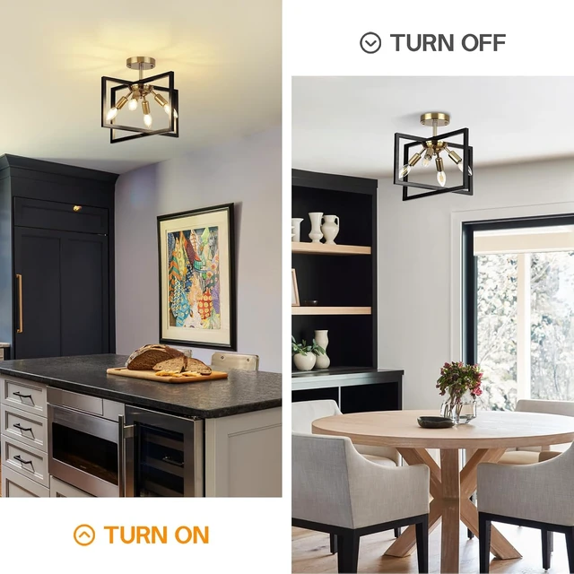 Alt view image 6 of 6 - 2P Modern Farmhouse Semi Flush Mount Ceiling Light Fixture, Black and Gold Candelabra Industrial 4-Light Lighting for Kitchen, Dining Room, Bedroom, Hallway, Living Room, Entryway, 2 Pack