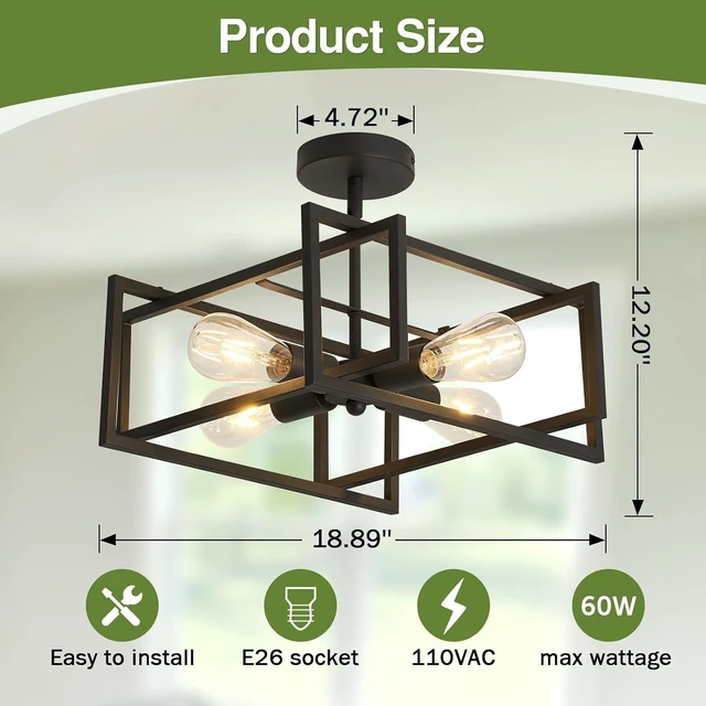 Alt view image 2 of 7 - 2-Pack Close to Ceiling Light Modern Black Flush Mount Ceiling Light Fixture 18.89 Inch E26 Base Chandelier Lighting for Farmhouse Kitchen Island Dining Room Bedroom Foyer Entry