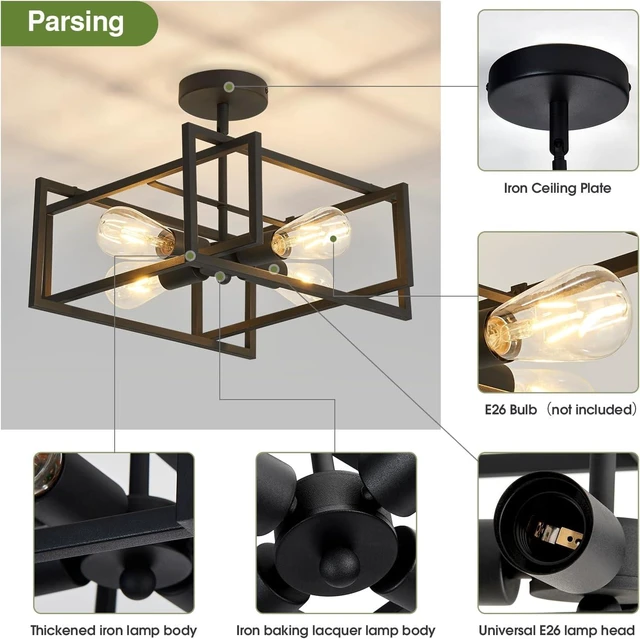 Alt view image 4 of 7 - 2-Pack Close to Ceiling Light Modern Black Flush Mount Ceiling Light Fixture 18.89 Inch E26 Base Chandelier Lighting for Farmhouse Kitchen Island Dining Room Bedroom Foyer Entry