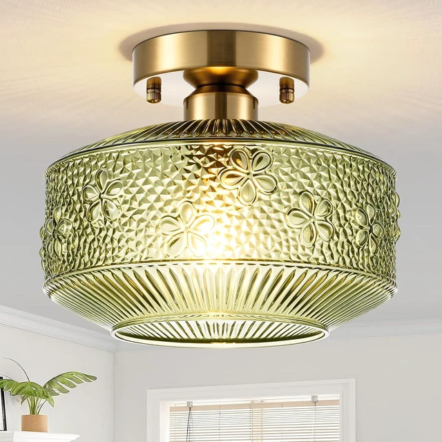 Main image of Semi Flush Mount Ceiling Light, 9 Inch Modern Small Ceiling Light Fixture with Green Thickened Glass & Stone Floral Pattern, Brass golden Base for Hallway Kitchen Bedroom Bathroom Laundry Hotel Cafe