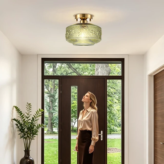 Alt view image 2 of 7 - Semi Flush Mount Ceiling Light, 9 Inch Modern Small Ceiling Light Fixture with Green Thickened Glass & Stone Floral Pattern, Brass golden Base for Hallway Kitchen Bedroom Bathroom Laundry Hotel Cafe