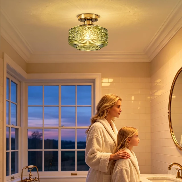 Alt view image 5 of 7 - Semi Flush Mount Ceiling Light, 9 Inch Modern Small Ceiling Light Fixture with Green Thickened Glass & Stone Floral Pattern, Brass golden Base for Hallway Kitchen Bedroom Bathroom Laundry Hotel Cafe