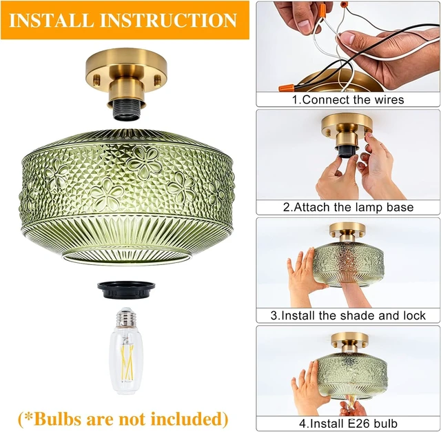Alt view image 6 of 7 - Semi Flush Mount Ceiling Light, 9 Inch Modern Small Ceiling Light Fixture with Green Thickened Glass & Stone Floral Pattern, Brass golden Base for Hallway Kitchen Bedroom Bathroom Laundry Hotel Cafe