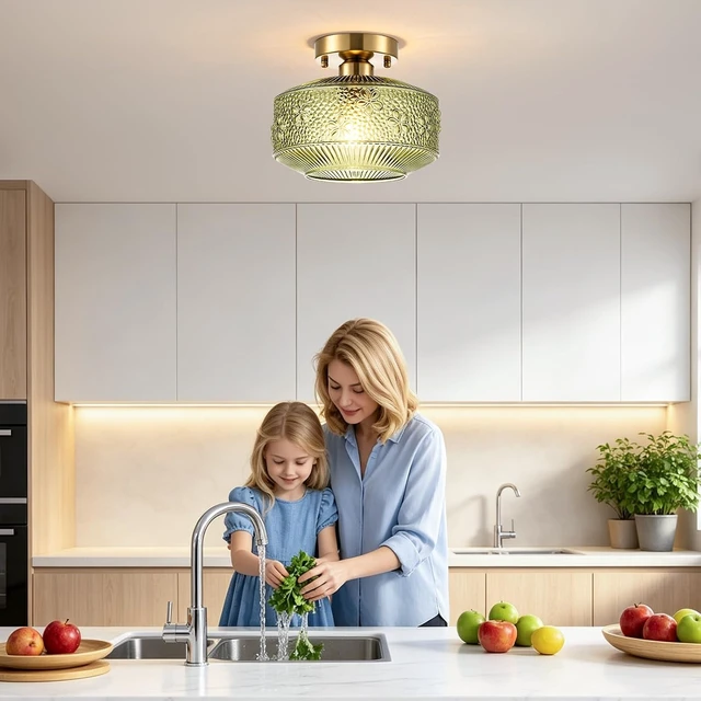 Alt view image 4 of 7 - Semi Flush Mount Ceiling Light, 9 Inch Modern Small Ceiling Light Fixture with Green Thickened Glass & Stone Floral Pattern, Brass golden Base for Hallway Kitchen Bedroom Bathroom Laundry Hotel Cafe