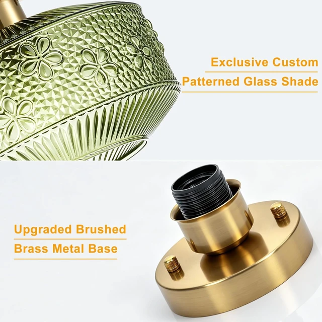 Alt view image 7 of 7 - Semi Flush Mount Ceiling Light, 9 Inch Modern Small Ceiling Light Fixture with Green Thickened Glass & Stone Floral Pattern, Brass golden Base for Hallway Kitchen Bedroom Bathroom Laundry Hotel Cafe