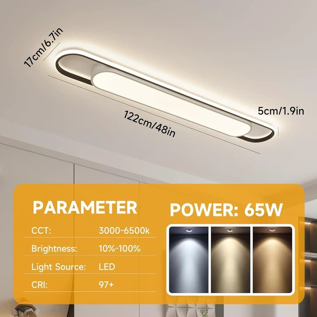 Alt view image 3 of 7 - 4Ft Smart Modern LED Ceiling Lights,65W High Brightness Linear Flush Mount Light Fixture,48" Dimmable Led Ceiling Lamp with Remote Control for Kitchen,Garage,Hallway,Laundry,Study Room.