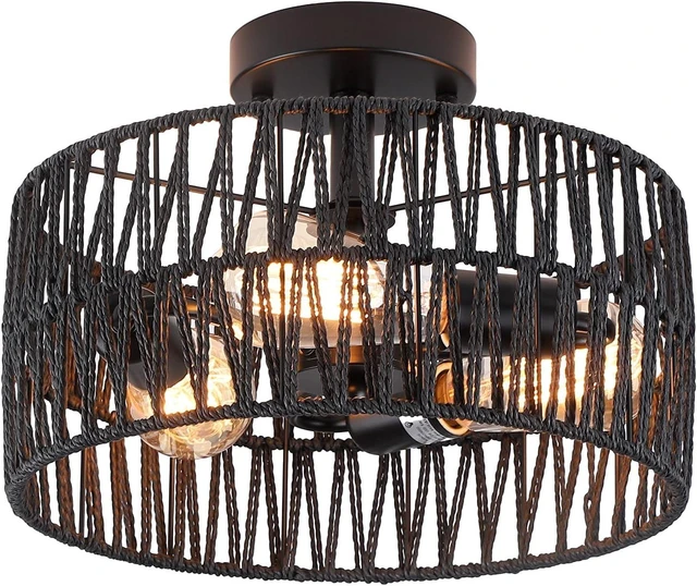 Main image of 3-Light Coastal Black Woven Flush Mount Light Fixture Rustic Industrial Hemp Rope Flush Mount Ceiling Light for Hallway Bedroom Kitchen Entryway Farmhouse Living Room, Black