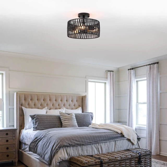 Alt view image 2 of 7 - 3-Light Coastal Black Woven Flush Mount Light Fixture Rustic Industrial Hemp Rope Flush Mount Ceiling Light for Hallway Bedroom Kitchen Entryway Farmhouse Living Room, Black