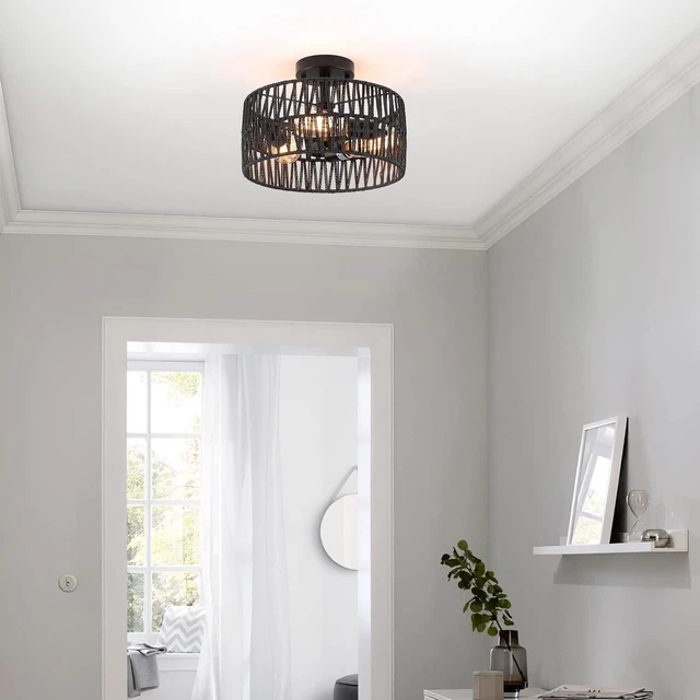 Alt view image 3 of 7 - 3-Light Coastal Black Woven Flush Mount Light Fixture Rustic Industrial Hemp Rope Flush Mount Ceiling Light for Hallway Bedroom Kitchen Entryway Farmhouse Living Room, Black