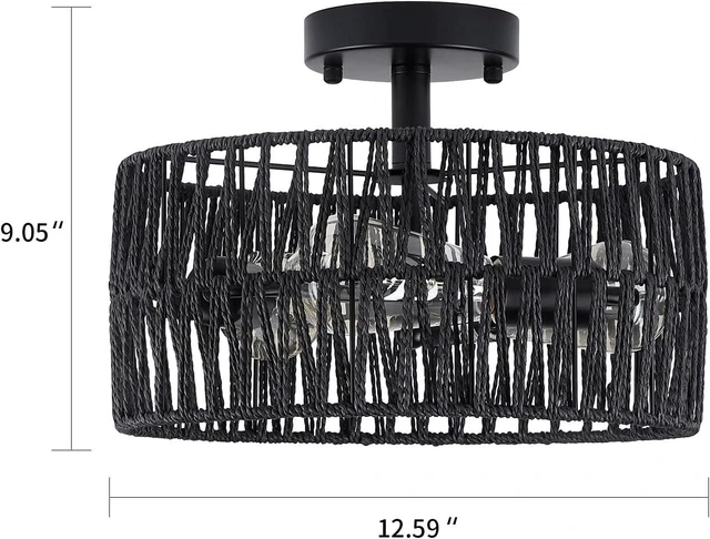 Alt view image 4 of 7 - 3-Light Coastal Black Woven Flush Mount Light Fixture Rustic Industrial Hemp Rope Flush Mount Ceiling Light for Hallway Bedroom Kitchen Entryway Farmhouse Living Room, Black