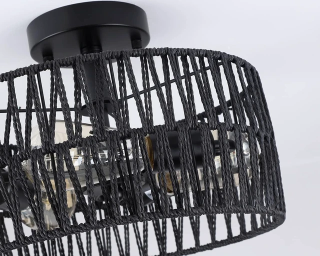 Alt view image 5 of 7 - 3-Light Coastal Black Woven Flush Mount Light Fixture Rustic Industrial Hemp Rope Flush Mount Ceiling Light for Hallway Bedroom Kitchen Entryway Farmhouse Living Room, Black