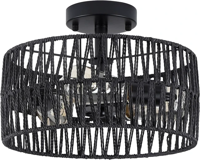Alt view image 7 of 7 - 3-Light Coastal Black Woven Flush Mount Light Fixture Rustic Industrial Hemp Rope Flush Mount Ceiling Light for Hallway Bedroom Kitchen Entryway Farmhouse Living Room, Black
