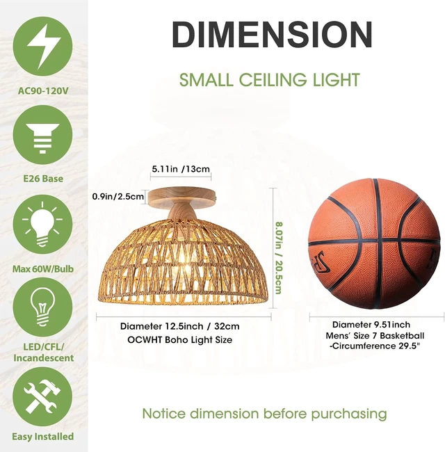 Alt view image 4 of 7 - 2 Packs Boho Light Rattan Chandelier Ceiling Lighting Fixtures,Boho Lamp Shade Flush Mount Ceiling Light Hand-Woven Small Chandelier for Hallway Bedroom Kitchen Nursery Lights